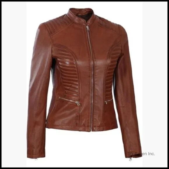 Real Lambskin Leather Jacket Women Slim Fit Long Sleeve Moto Style